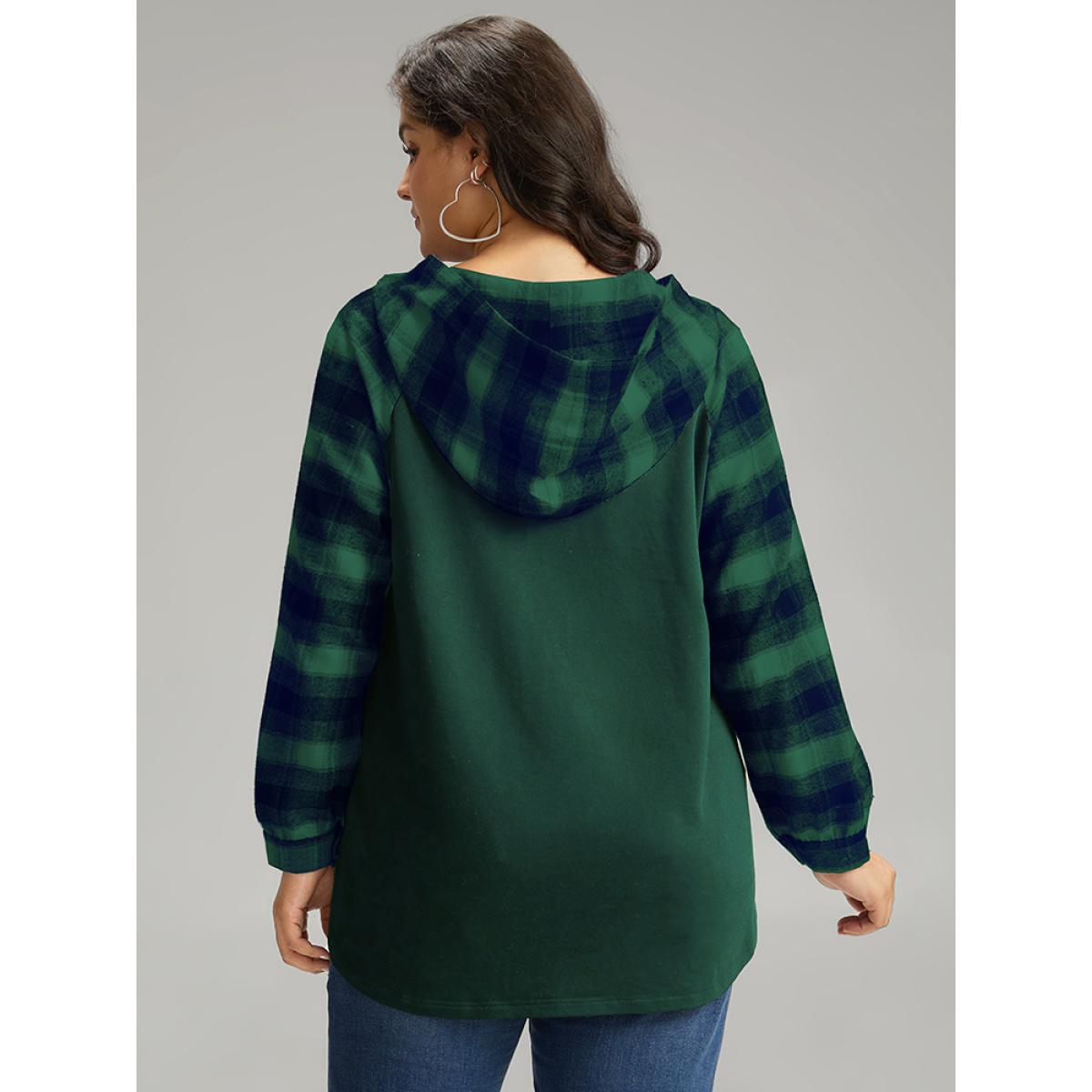 Plus Size Plaid Print Hooded Patchwork Sweatshirt Women DarkGreen Casual Patchwork Hooded Everyday Sweatshirts BloomChic 22-24/3X Product Image