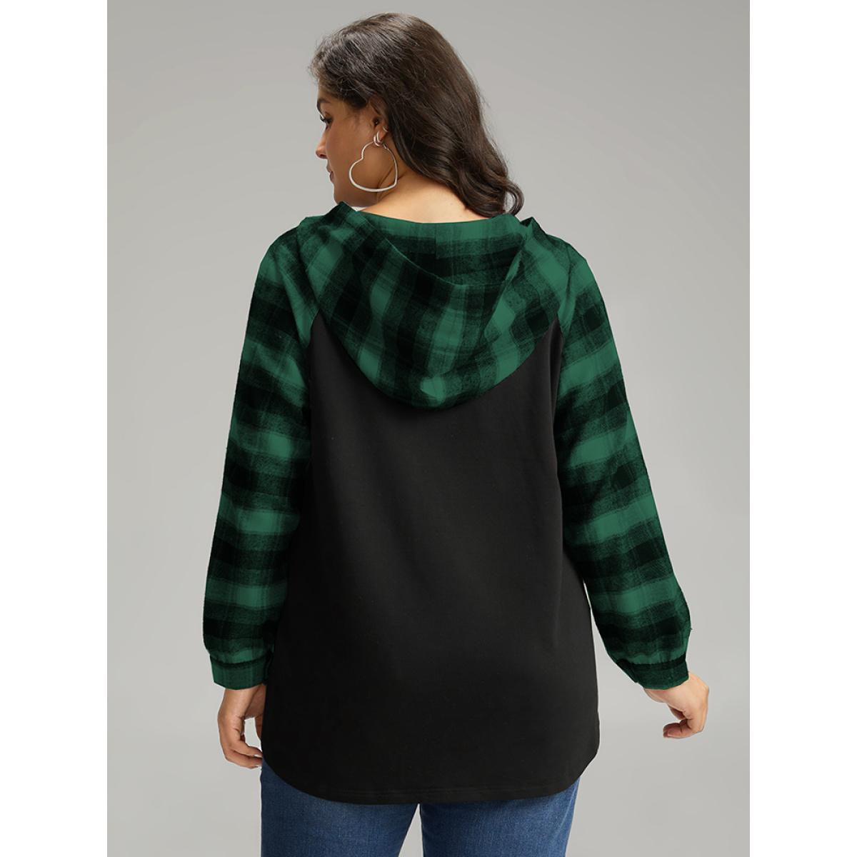 Plus Size Plaid Print Hooded Patchwork Sweatshirt Women Green Casual Patchwork Hooded Everyday Sweatshirts BloomChic 14-16/1X Product Image