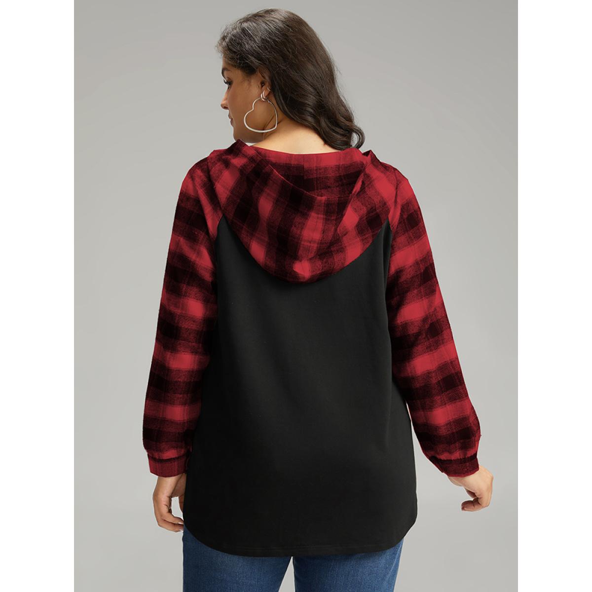 Plus Size Plaid Print Hooded Patchwork Sweatshirt Women Red Casual Patchwork Hooded Everyday Sweatshirts BloomChic 10/M Product Image