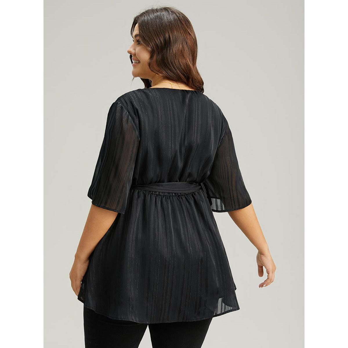 Plus Size Black Solid Chiffon Belted High Low Hem Blouse Women Elegant Half Sleeve V-neck Everyday Blouses BloomChic 18-20/2X Product Image