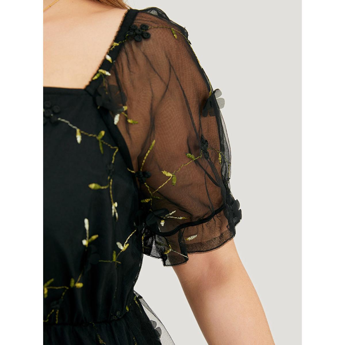 Plus Size BlackFlower Plant Embroidered Appliques Mesh Puff Sleeve Blouse Women Party Short sleeve Square Neck Going out Blouses BloomChic 12/L Product Image