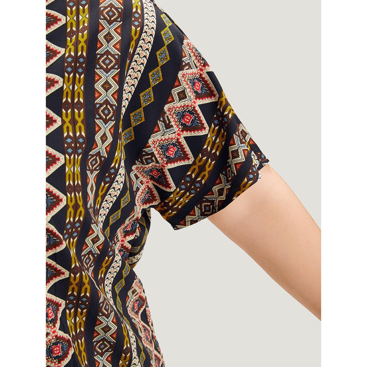 Plus Size Indigo Boho Print V Neck Wrap Blouse Women Vacation Short sleeve V-neck Dailywear Blouses BloomChic 26/4X Product Image