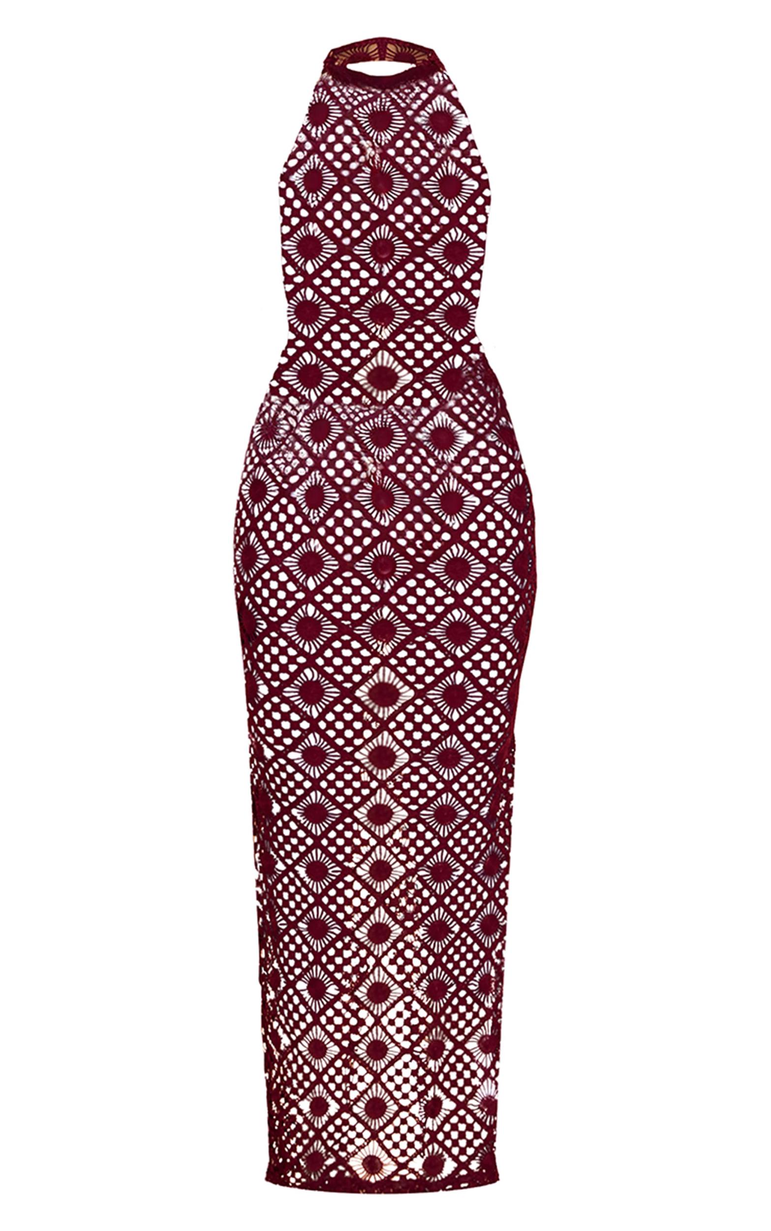 PLT Label Dark Red Crochet High Neck Open Back Maxi Dress Product Image