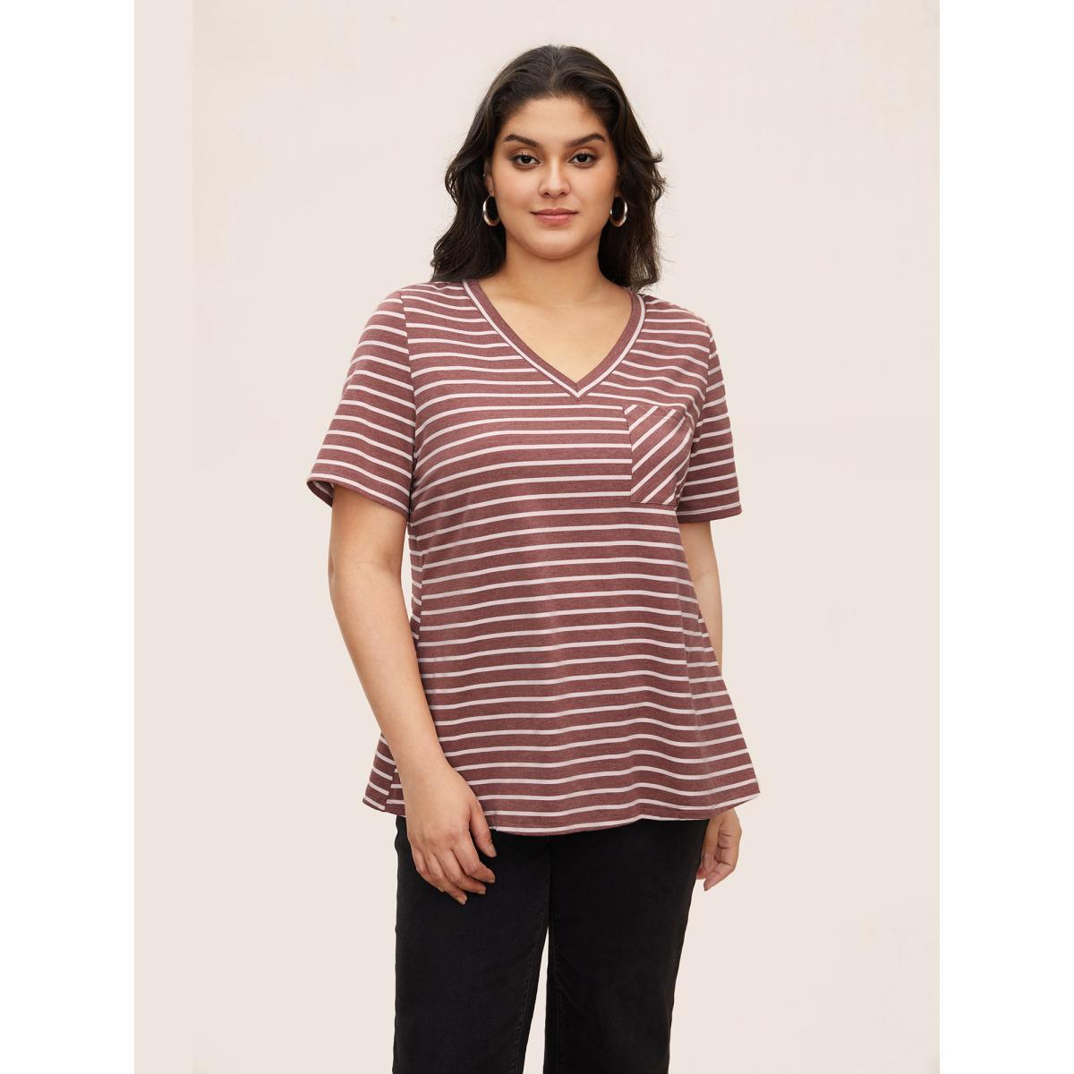 Plus Size Striped V Neck Patch Pocket T-shirt Russet Women Casual Contrast V-neck Everyday T-shirts BloomChic 14-16/1X Product Image