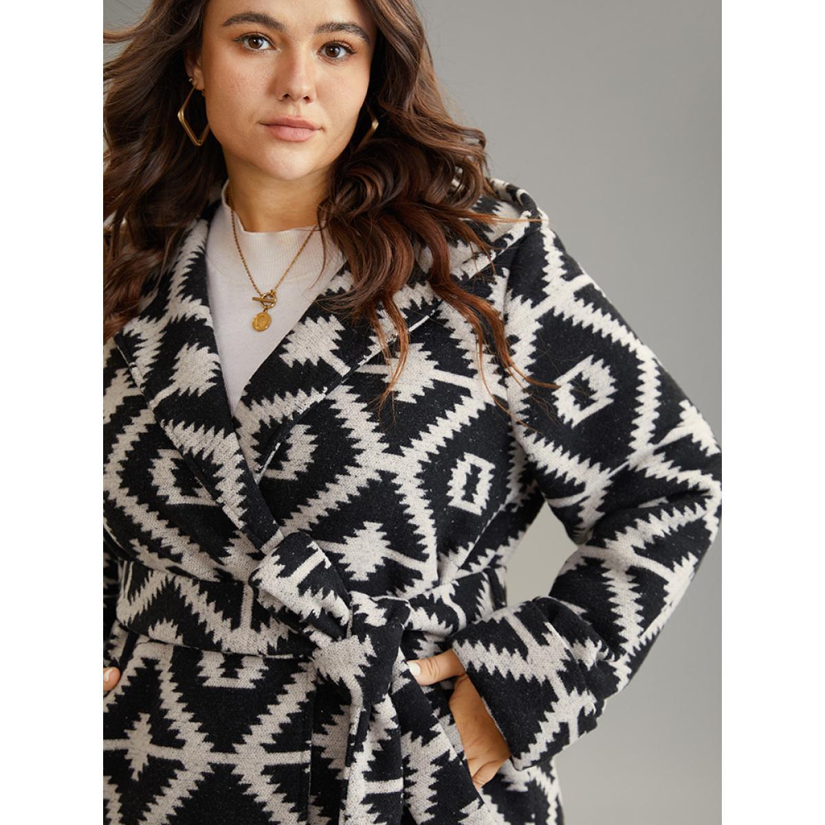 Plus Size Geometric Lapel Collar Pocket Belted Coat Women DarkGray Casual Belted Ladies Dailywear Winter Coats BloomChic 30/6X Product Image