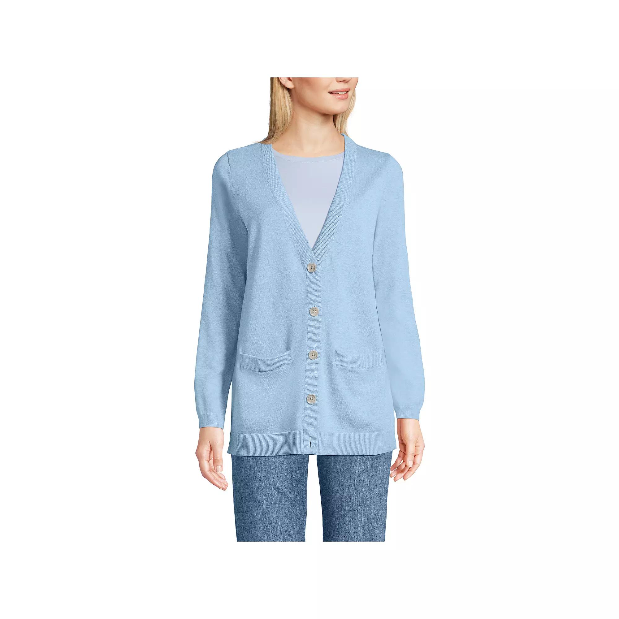 Women's Lands' End Cotton V-Neck Cardigan Sweater, Size: Large, Red Blue Tip Stripe Product Image