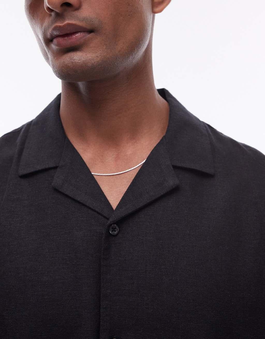 Topman short sleeve boxy linen mix shirt in black Product Image