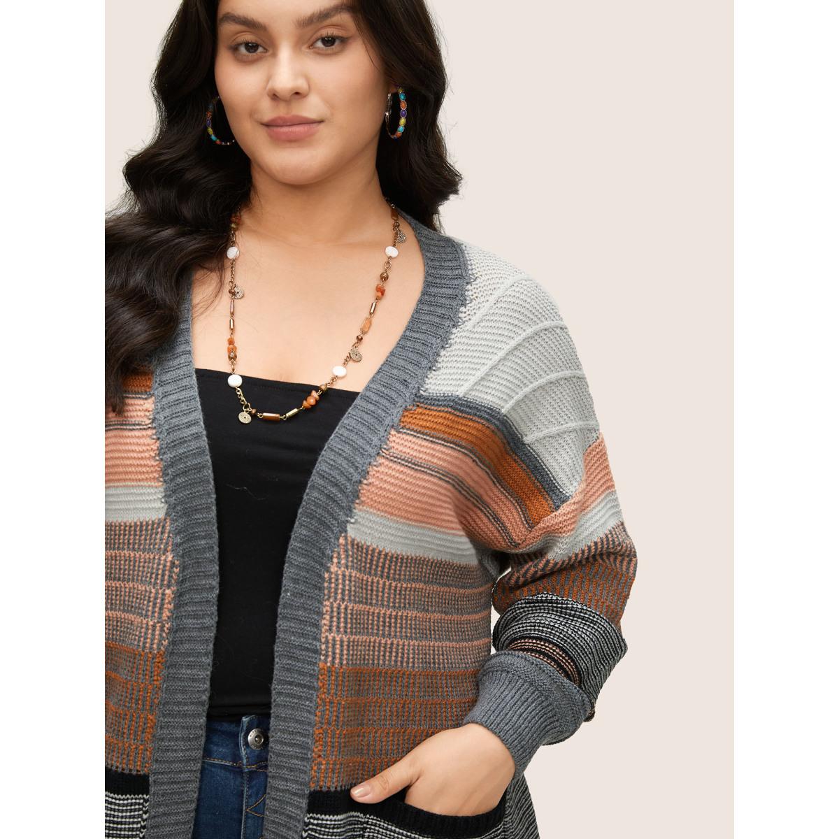 Plus Size Textured Patchwork Contrast Pocket Open Front Cardigan Gray Women Casual Loose Long Sleeve Dailywear Cardigans BloomChic 22-24/3X Product Image