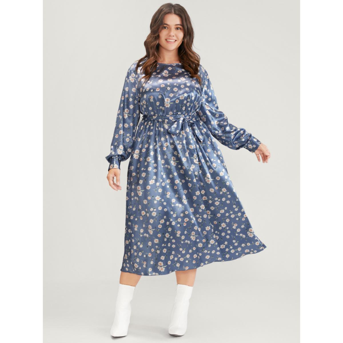 Plus Size Floral Keyhole Back Pocket Belted Satin Midi Dress Aegean Women Elegant Pocket Round Neck Long Sleeve Curvy Midi Dress BloomChic 14-16/1X Product Image