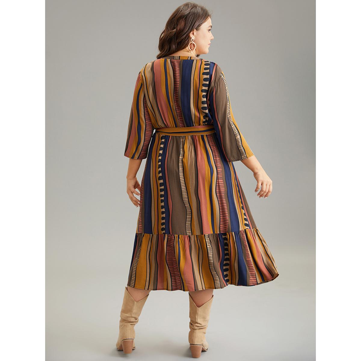 Plus Size Cotton Striped Colorblock Belted Notched Dress Chocolate Women Vacation Belted Notched collar Elbow-length sleeve Curvy Midi Dress BloomChic 26/4X Product Image