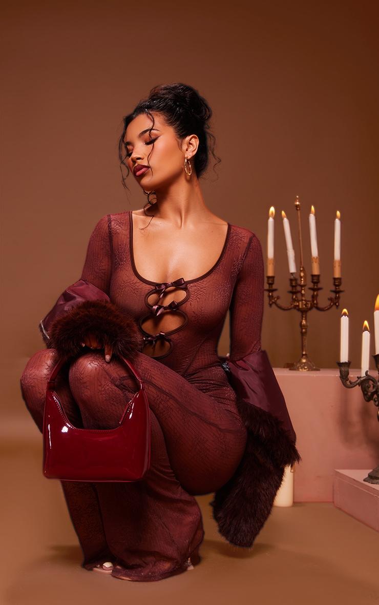 Chocolate Lace Cut Out Bow Detail Long Sleeve Jumpsuit Product Image