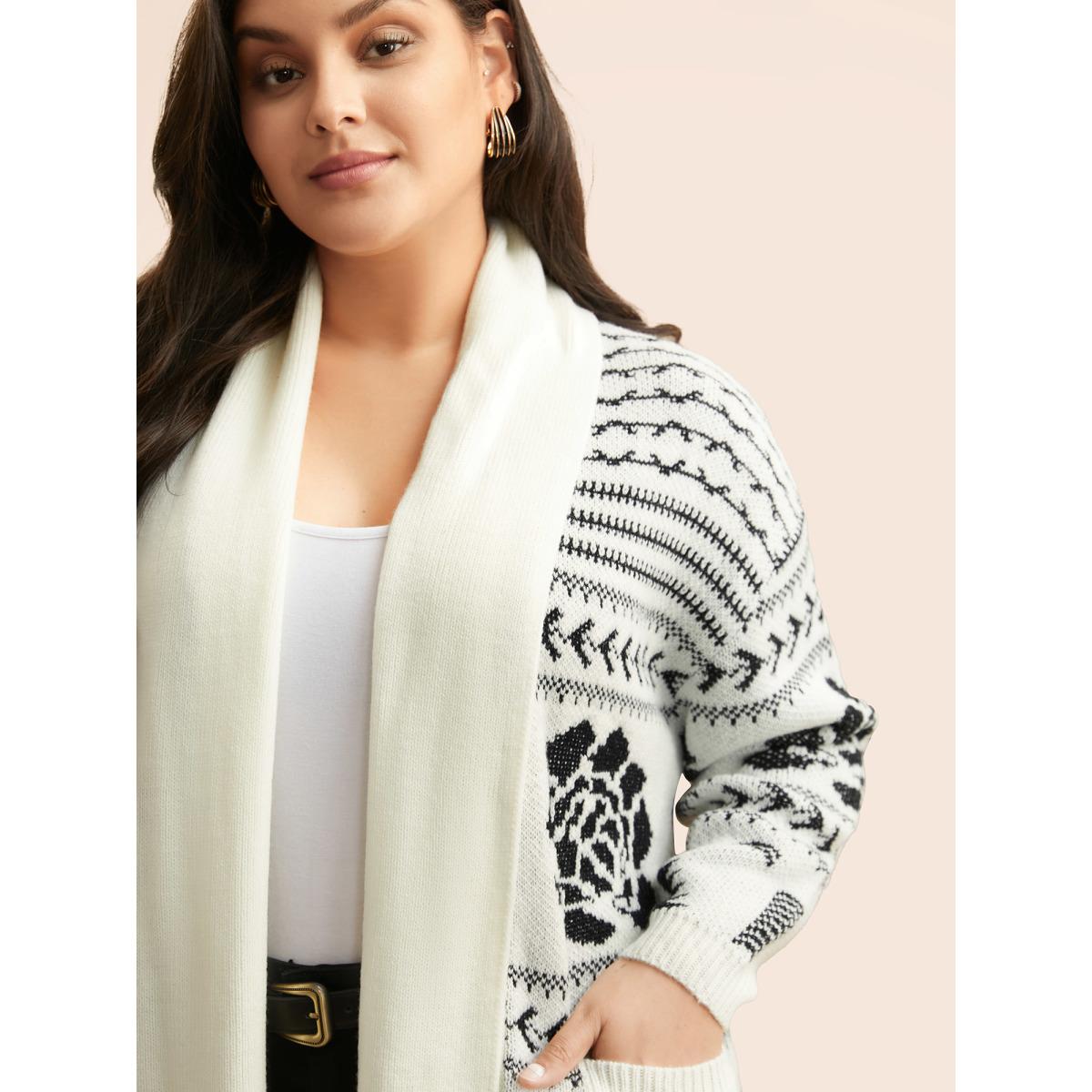 Plus Size Geometric Jacquard Lapel Collar Cardigan Beige Women Casual Loose Long Sleeve Everyday Cardigans BloomChic 22-24/3X Product Image