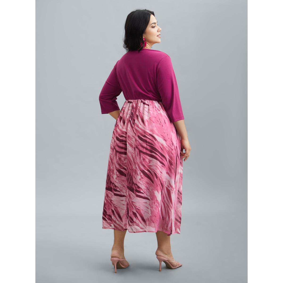 Plus Size Abstract Print Spliced V-Neck Midi Dress Rosered Women Elegant Patchwork V-neck Elbow-length sleeve Curvy BloomChic 26/4X Product Image