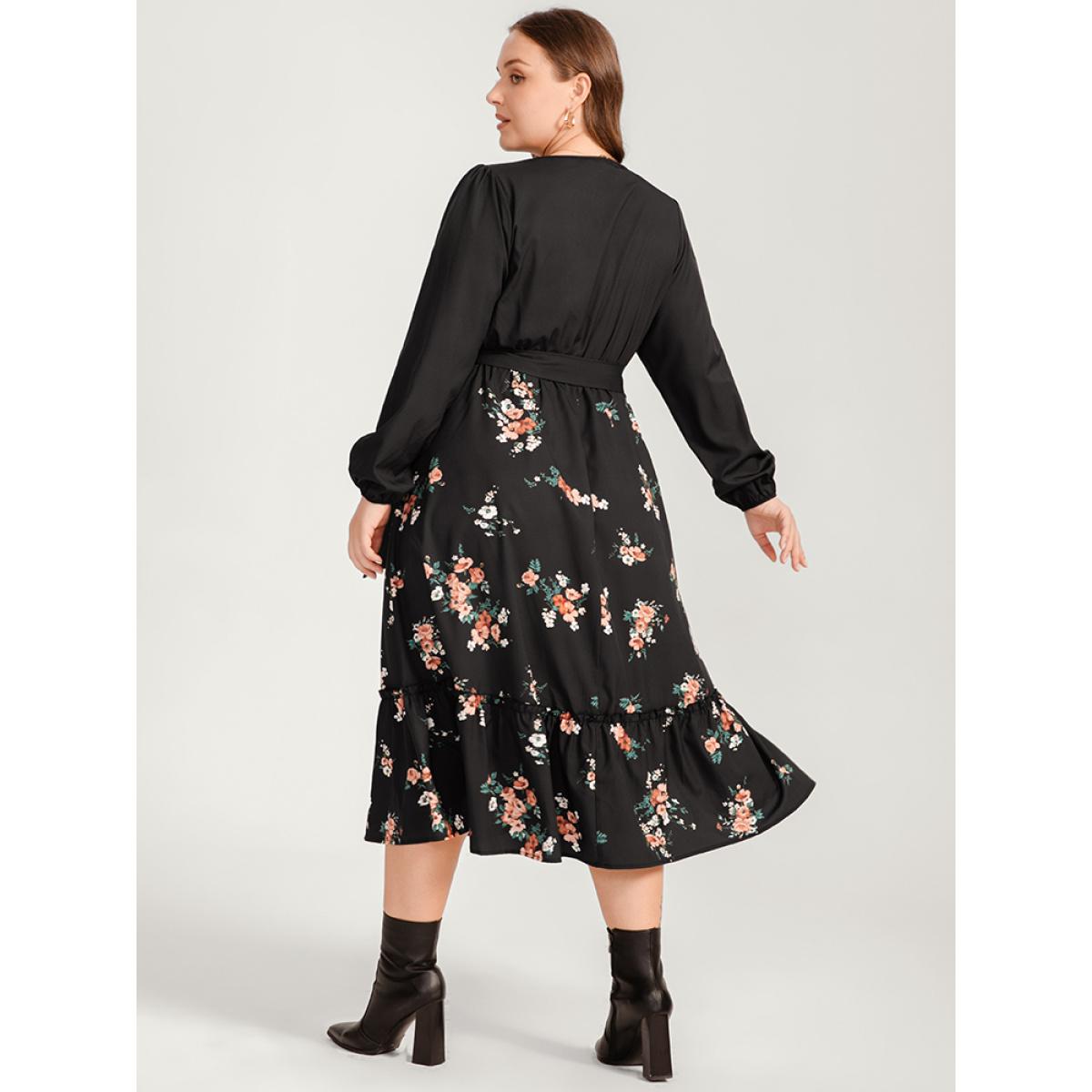 Plus Size Floral Lantern Sleeve Pocket Belted Wrap Flutter Dress Black Women Elegant Belted V-neck Long Sleeve Curvy Midi Dress BloomChic 22-24/3X Product Image