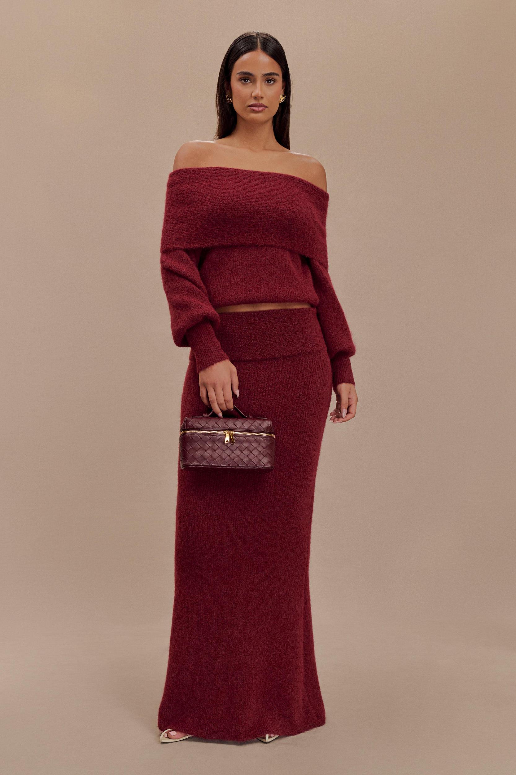 Charlotte Off Shoulder Knit Long Sleeve Top - Merlot Product Image