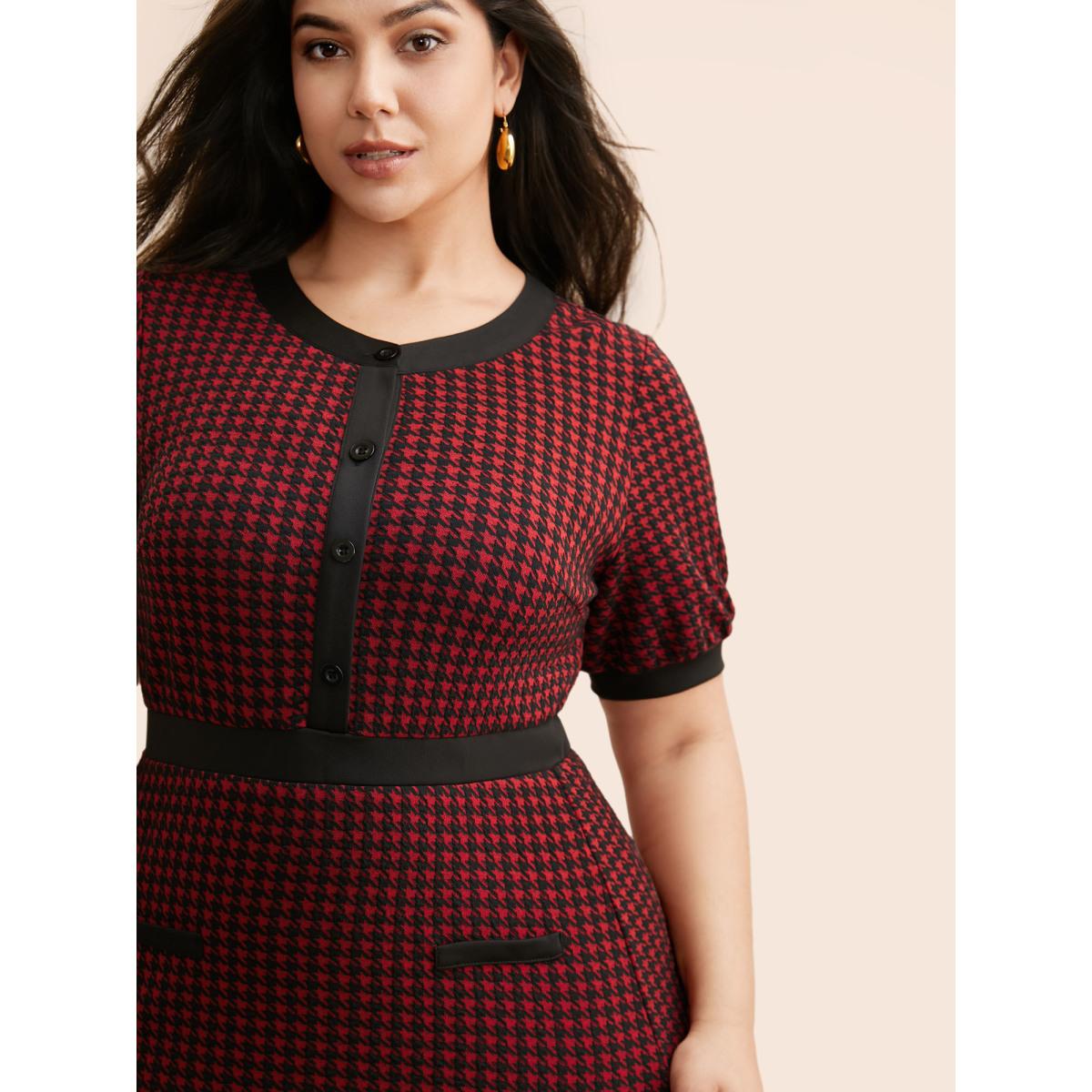 Plus Size Houndstooth Button Up Flap Detail Dress Scarlet Women Casual Contrast Round Neck Short sleeve Curvy BloomChic 18-20/2X Product Image