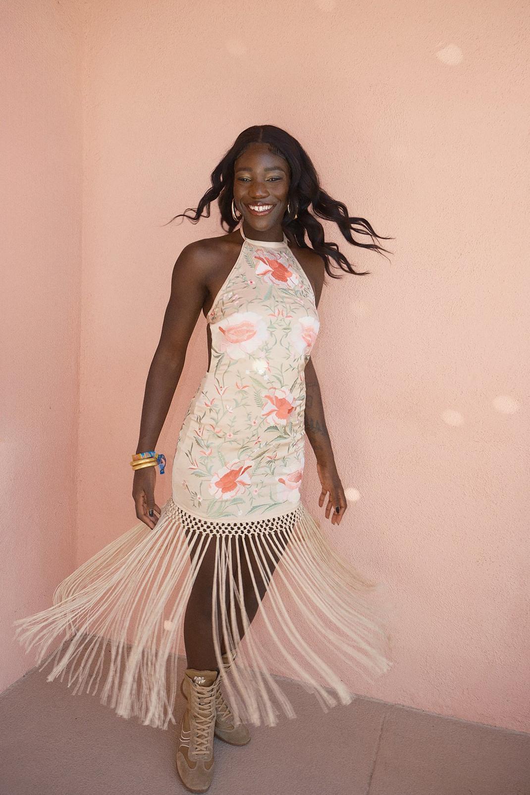 Limited Hand Embroidered Beaded Halter Fringe Mini Dress Product Image