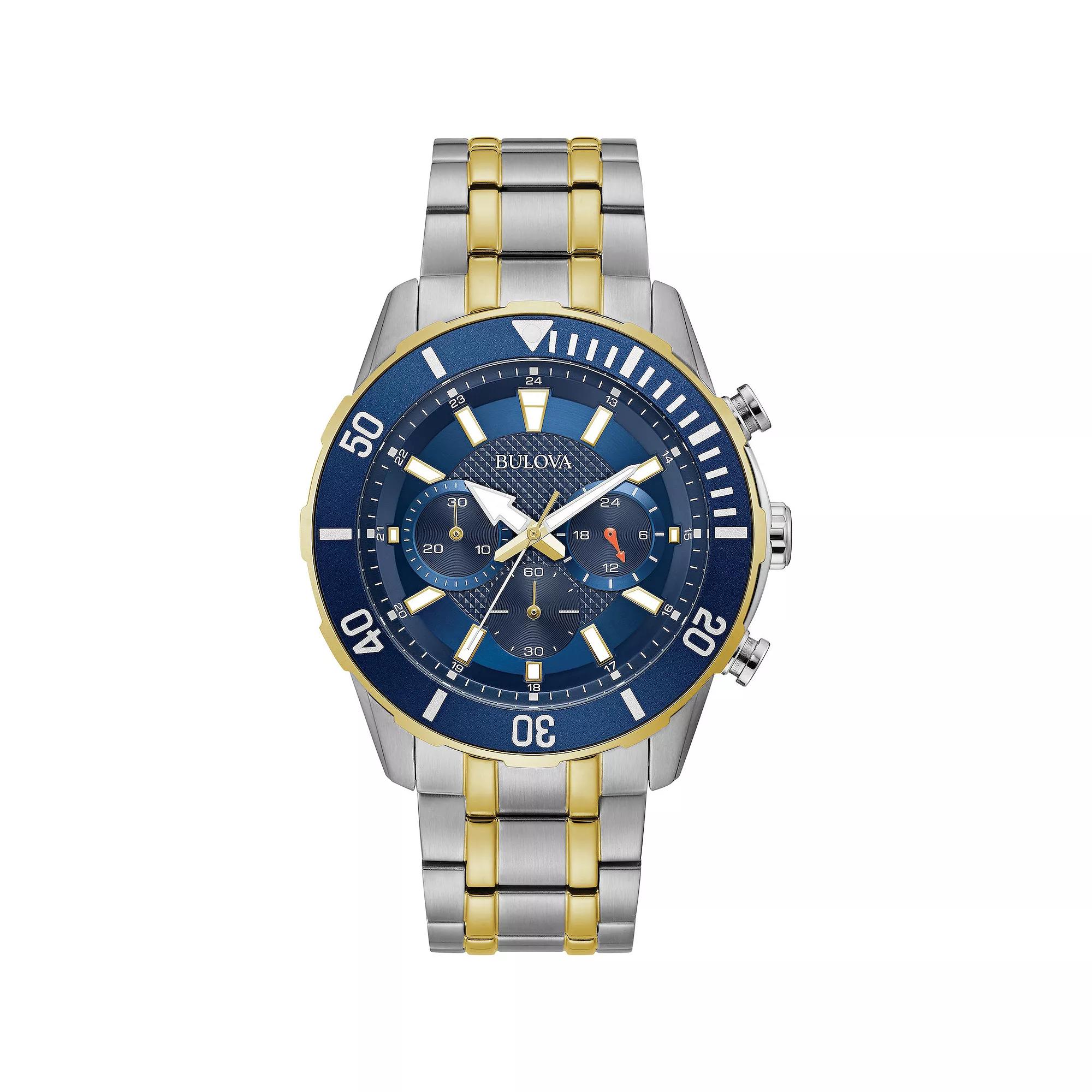 Bulova Mens Two-Tone Stainless Steel Blue Dial Chronograph Bracelet Watch - 98A246 Gold Silver Product Image