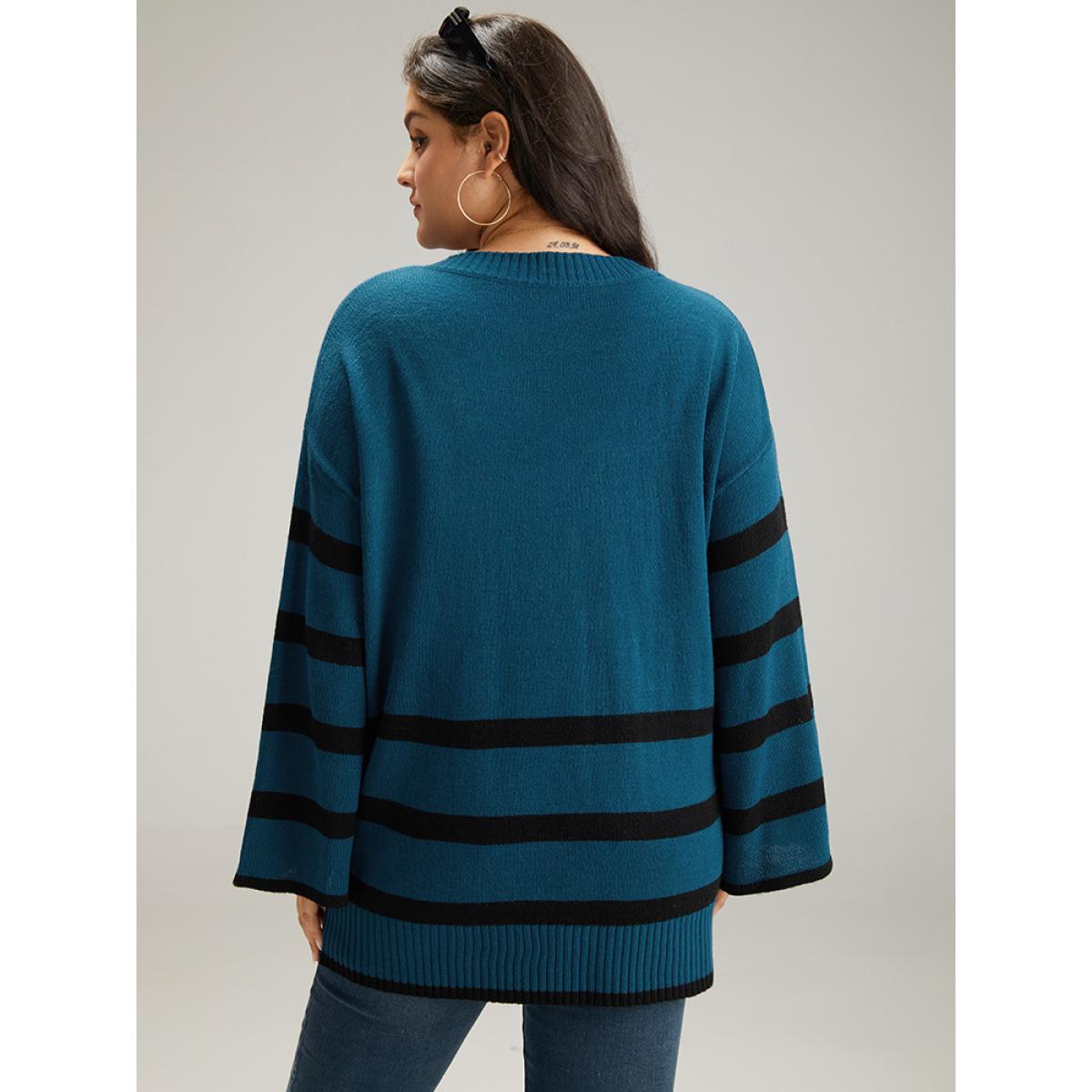 Plus Size Striped Bell Sleeve Moderately Stretchy Pullover Cerulean Women Casual Loose Long Sleeve V-neck Dailywear Pullovers BloomChic 18-20/2X Product Image