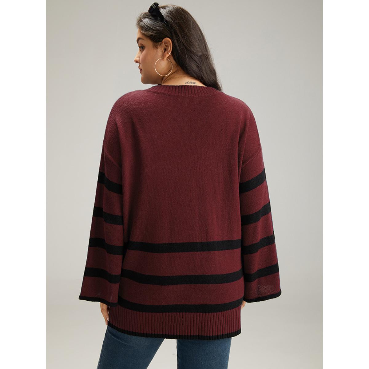 Plus Size Striped Bell Sleeve Moderately Stretchy Pullover Burgundy Women Casual Loose Long Sleeve V-neck Dailywear Pullovers BloomChic 14-16/1X Product Image