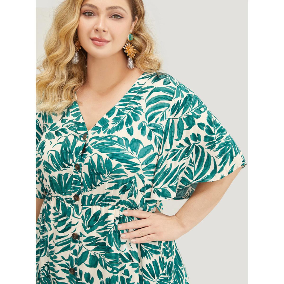 Plus Size Plant Print Flutter Sleeve Button Detail Pocket Dress Green Women Vacation Elastic Waist V-neck Short sleeve Curvy Midi Dress BloomChic 12/L Product Image