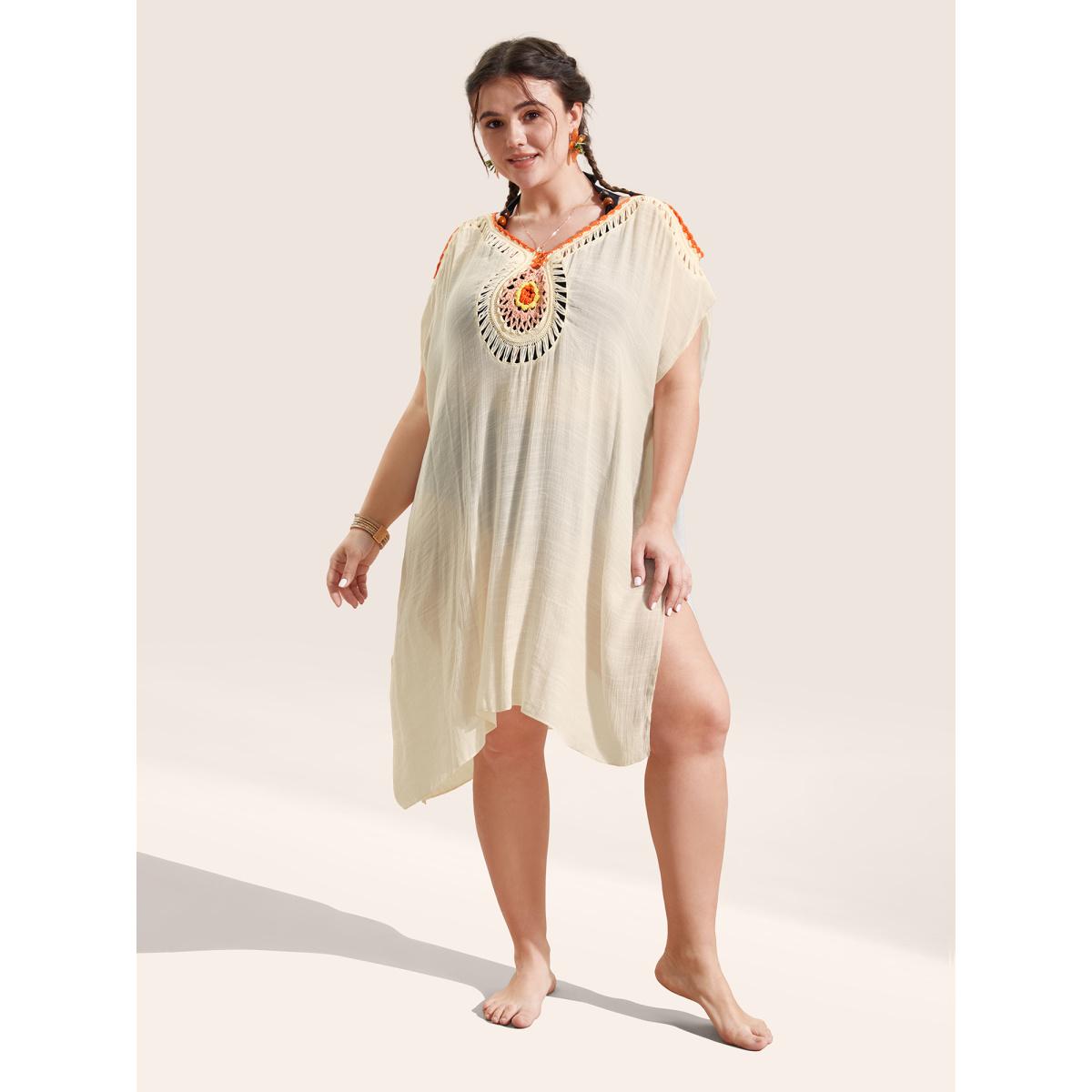 Plus Size Contrast Crochet Cut Out Slit Hem Swim Cover Up Women's Swimwear Ivory Beach Loose Crochet Curve Swim Cover Ups BloomChic 26/4X Product Image