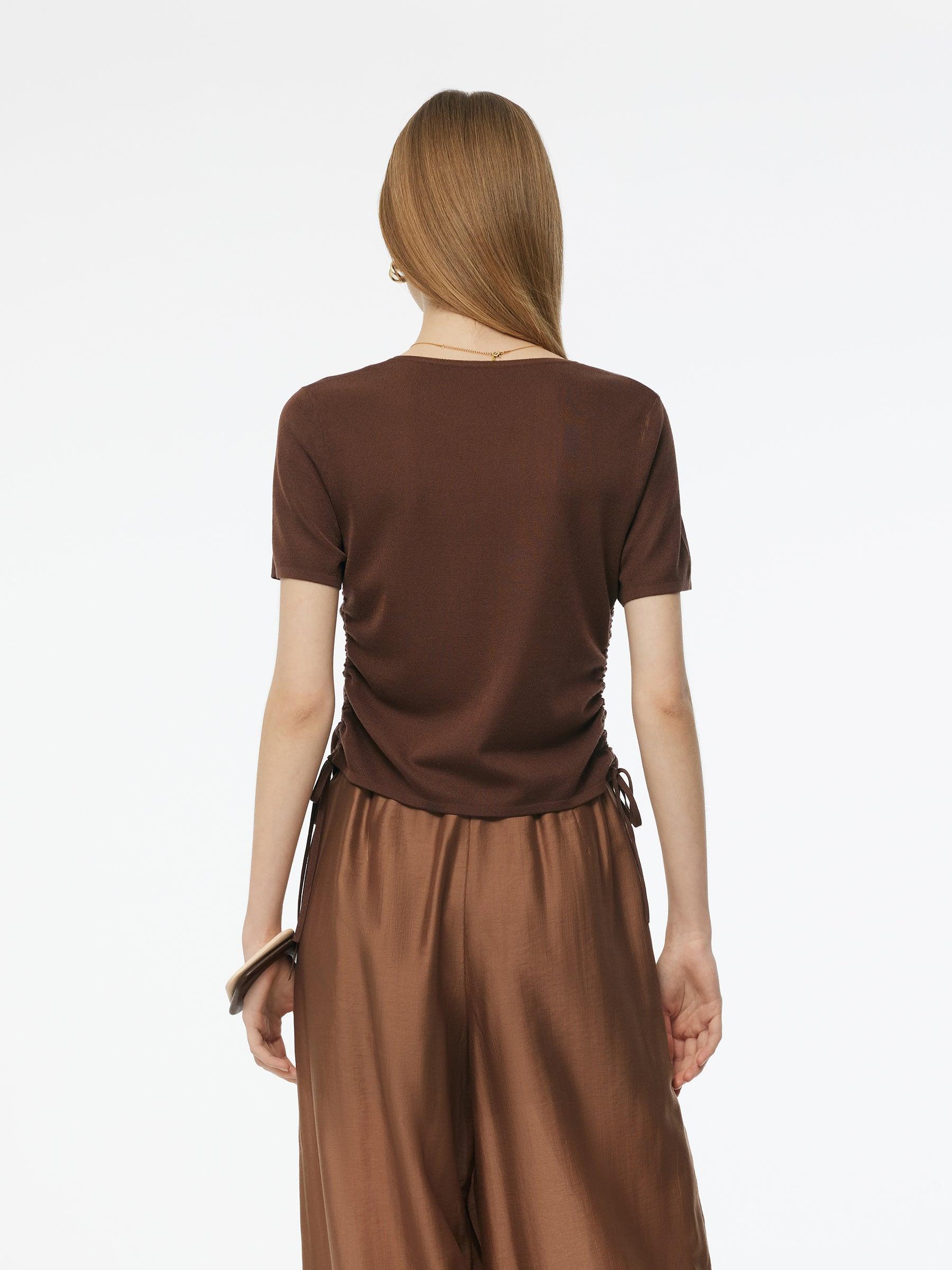 Acetate Tencel Blend Side Drawstring Women Knit Top Product Image