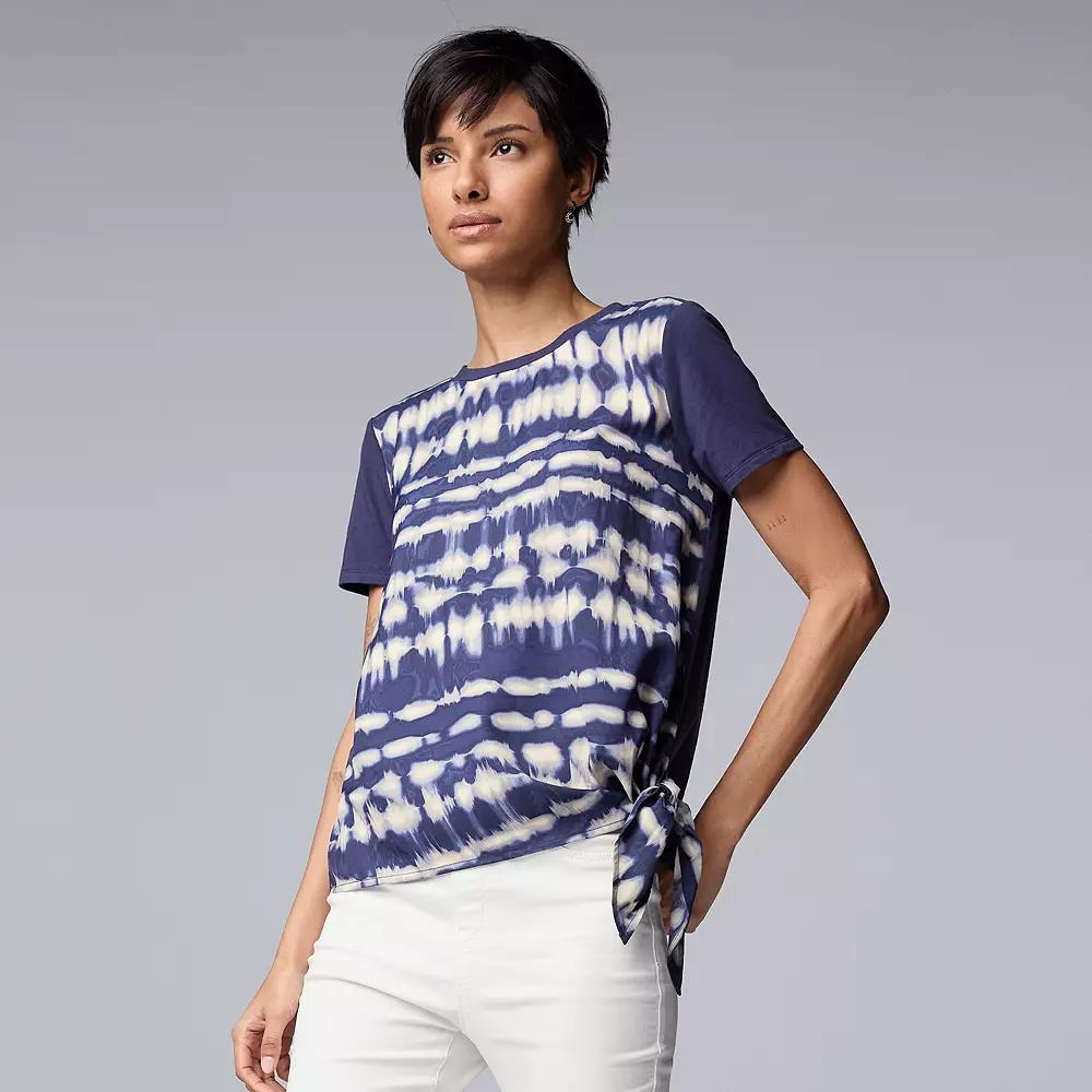 Simply Vera Vera Wang Side-Tie Mixed Media Top, Women's, Size: Large, Blue Stripe Dye Product Image