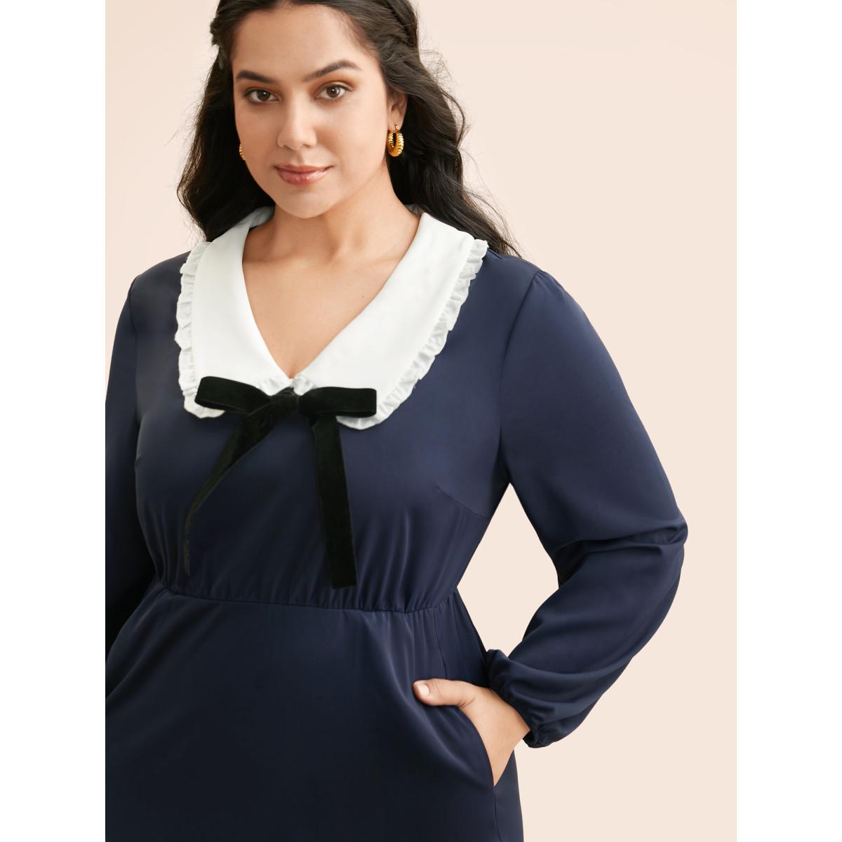 Plus Size Lapel Collar Bowknot Frill Trim Dress Navy Women Elegant Contrast Peter Pan collar Long Sleeve Curvy BloomChic 14-16/1X Product Image