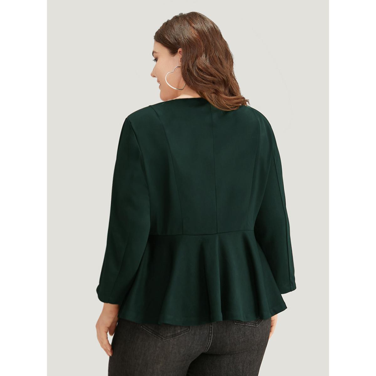 Plus Size Plain Button Up Ruffle Hem Blazer Green Women Dailywear Plain Plain Sleeve Long Sleeve V-neck 26/4X Casual Blazers BloomChic Product Image