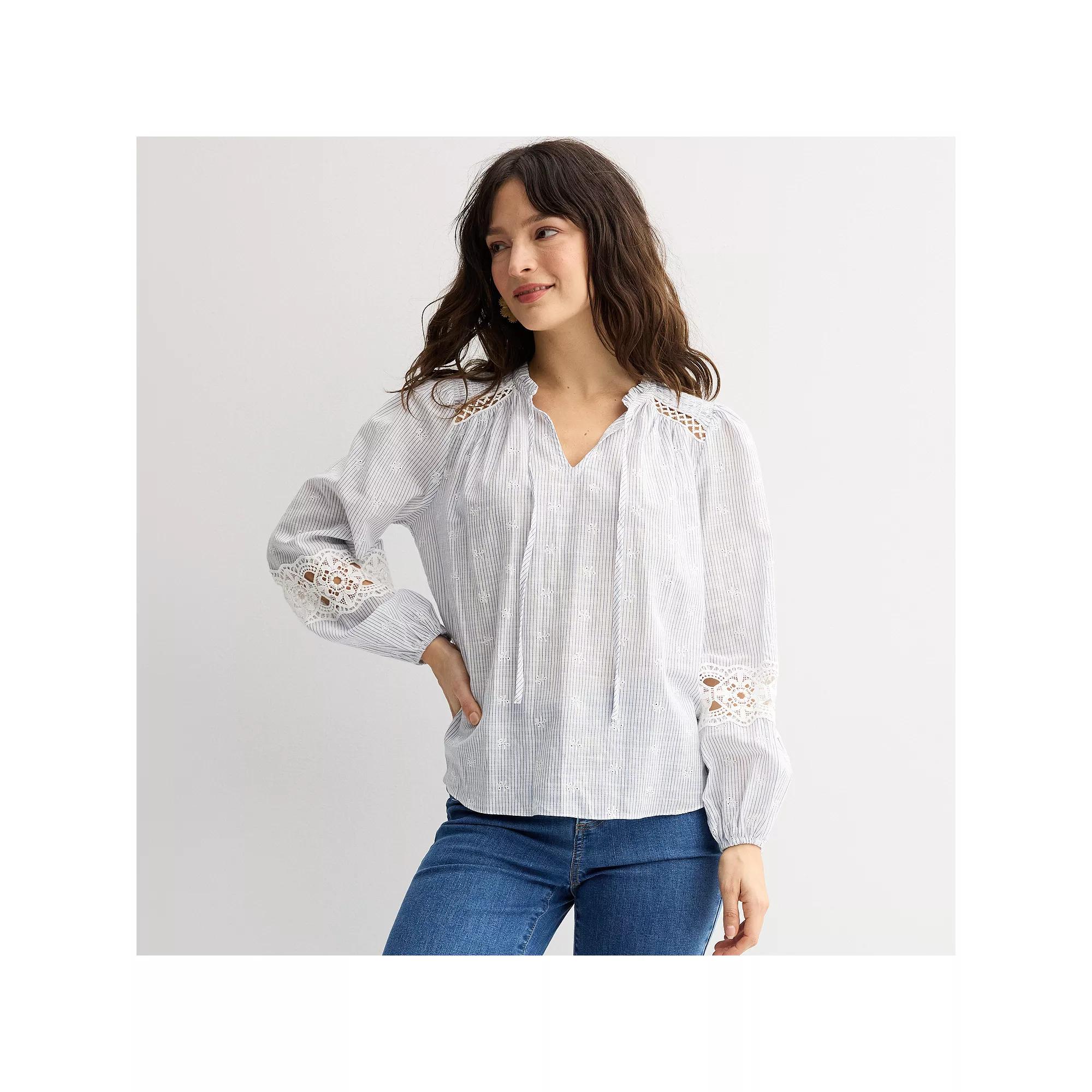 Women's Farmers Market Smocked Shoulder Blouse, Size: XL, Blue White Product Image