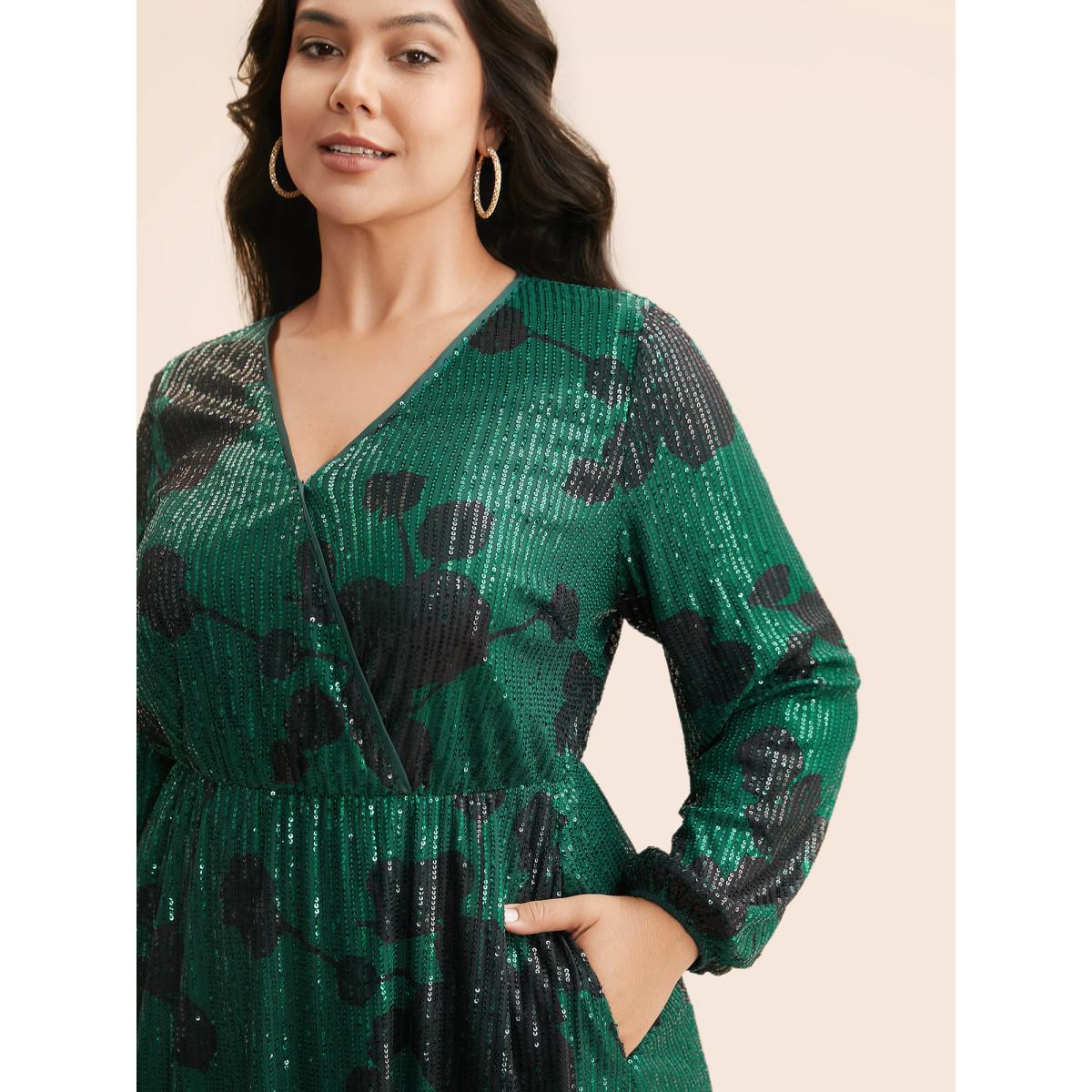 Plus Size Sequin Floral Lantern Sleeve Midi Dress Truegreen Women Cocktail Texture Party Curvy Bloomchic 26/4X Product Image