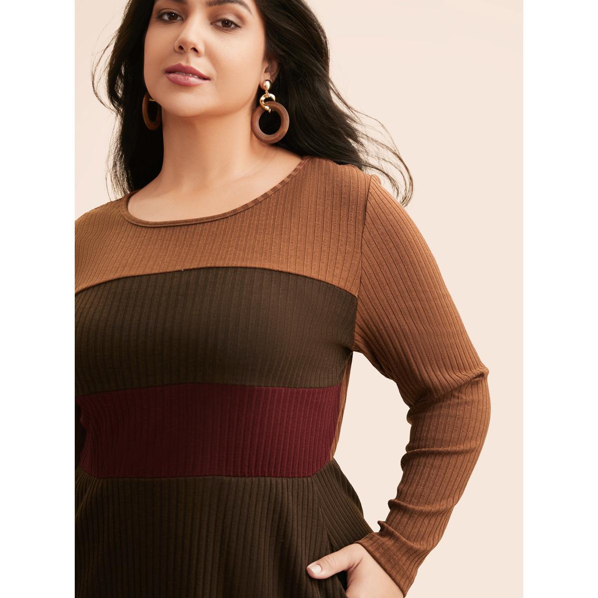 Plus Size Colorblock Contrast Textured Pocket Dress Browncoffeecolor Women Casual Texture Round Neck Long Sleeve Curvy BloomChic 18-20/2X Product Image