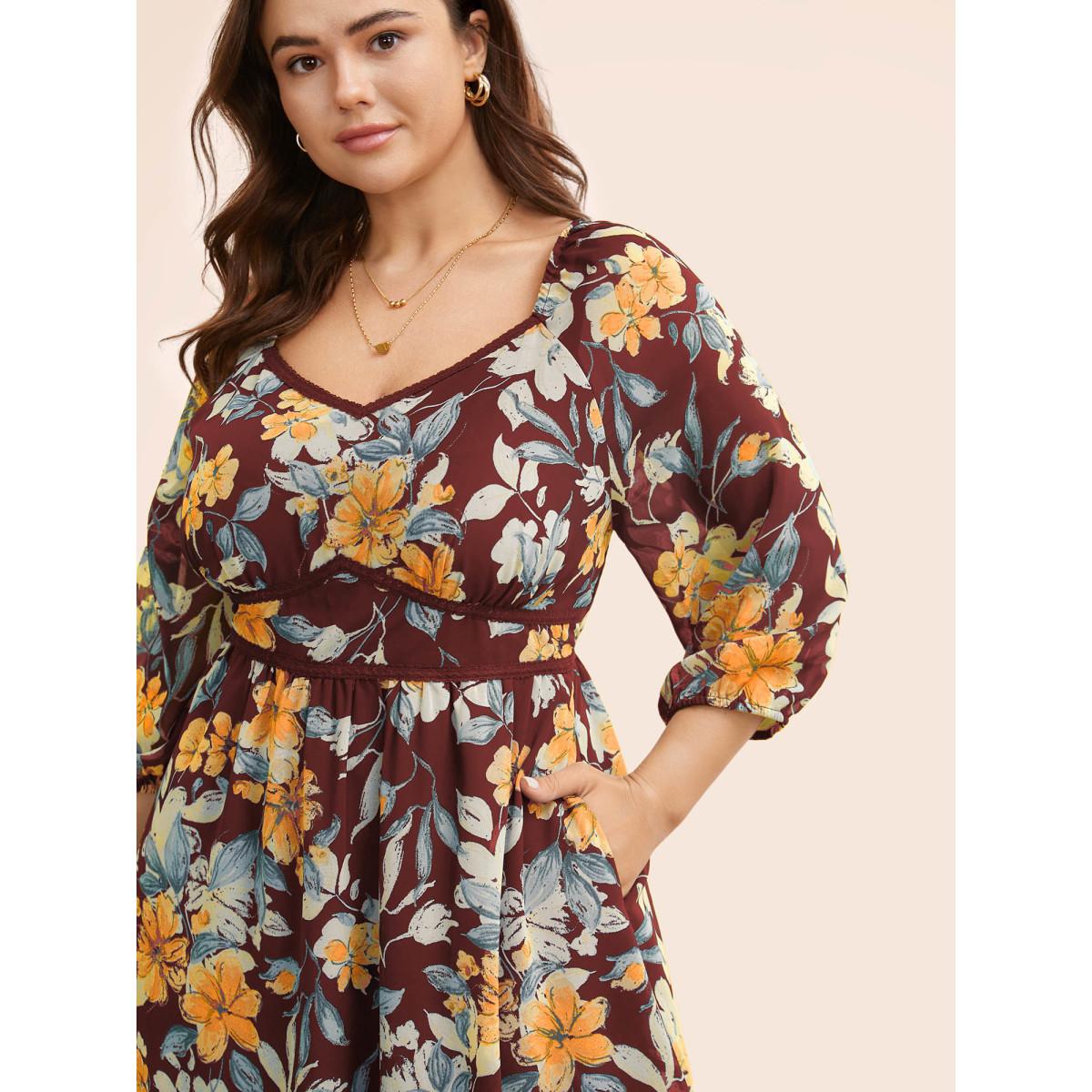 Plus Size Floral Heart Neckline Woven Ribbon Gathered Dress Burgundy Women Timeless Woven ribbon&lace trim Heart neckline Elbow-length sleeve Curvy BloomChic 26/4X Product Image