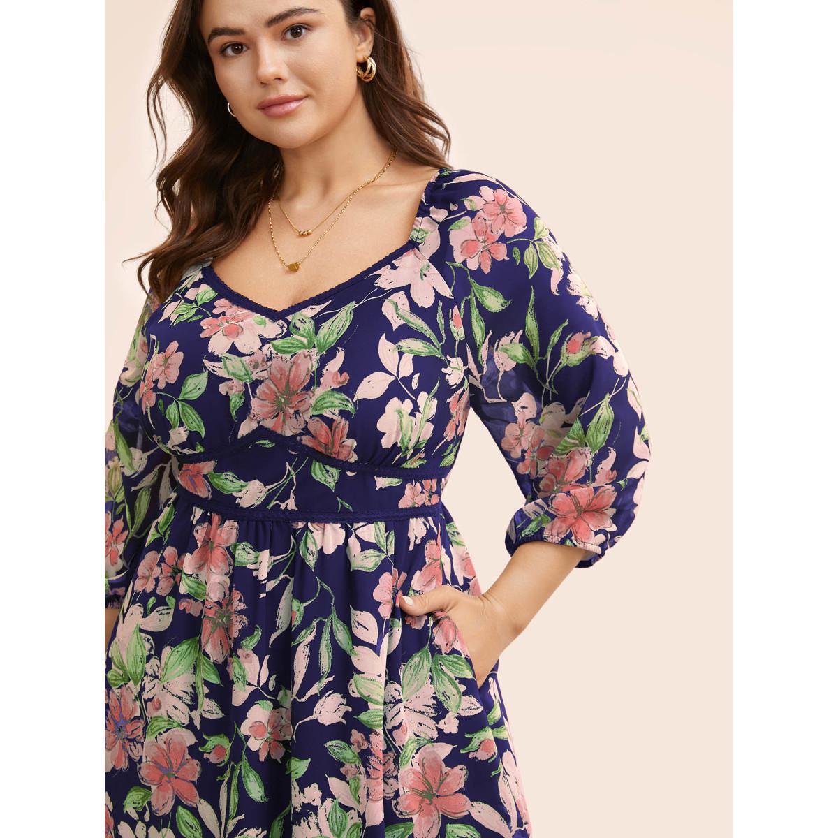 Plus Size Floral Heart Neckline Woven Ribbon Gathered Dress Navy Women Timeless Woven ribbon&lace trim Heart neckline Elbow-length sleeve Curvy BloomChic 30/6X Product Image