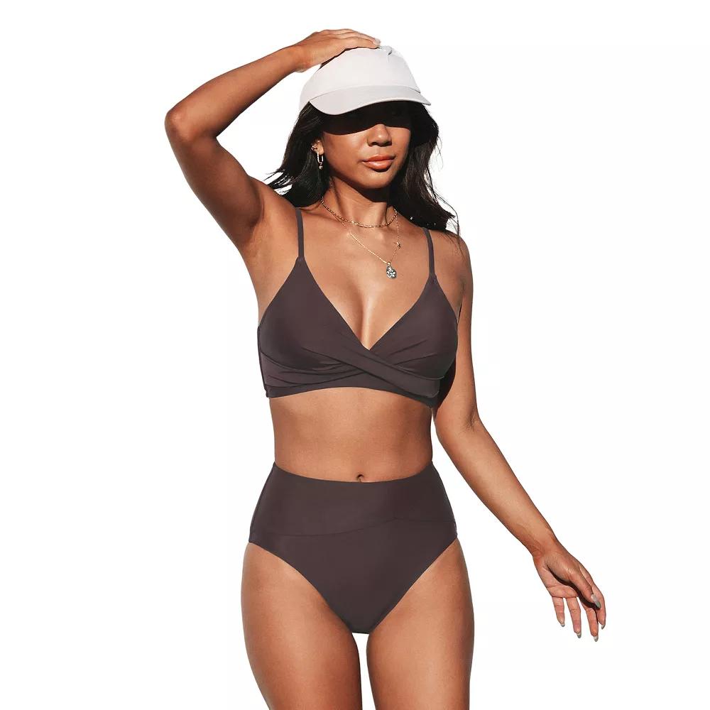 Women's Cupshe V-Neck Wrap Twist Top & High Waisted Bottoms Bikini Set, Size: Medium, Brown Product Image