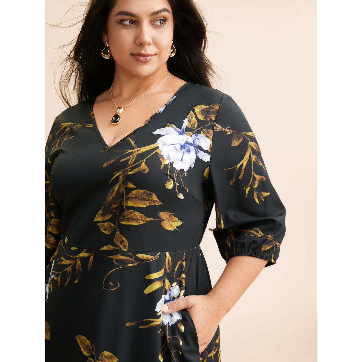 Plus Size Floral Print V Neck Lantern Sleeve Dress BlackFlower Women Elegant Non V-neck Elbow-length sleeve Curvy BloomChic 30/6X Product Image