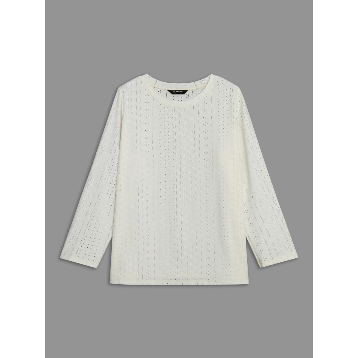 Plus Size Textured Cut-out Elastic Round Neck T-shirt Ivory Women Casual Texture Round Neck Everyday T-shirts BloomChic 10/M Product Image