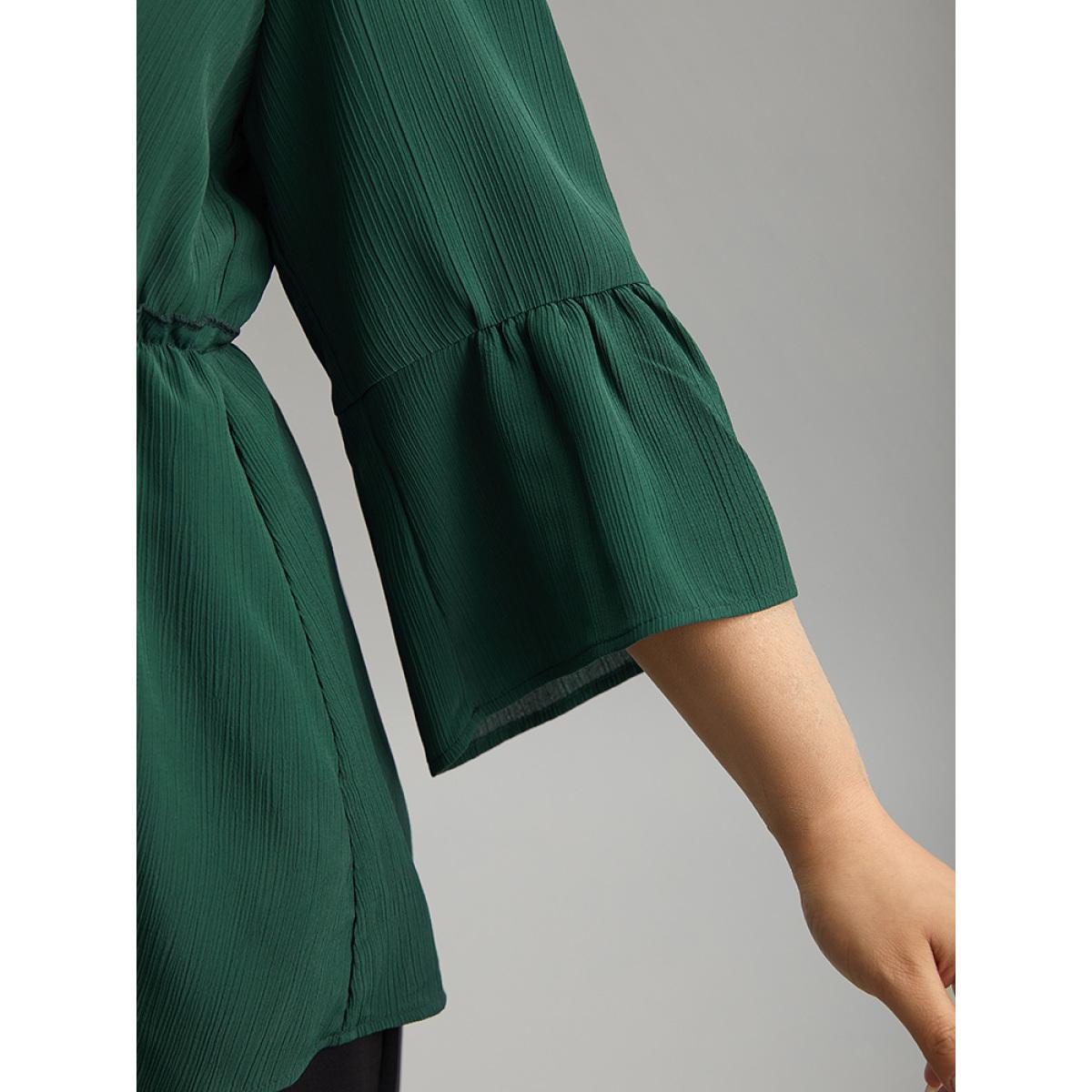 Plus Size DarkGreen Plisse Button Detail Elastic Waist Blouse Women Work From Home Elbow-length sleeve V-neck Office Blouses BloomChic 22-24/3X Product Image