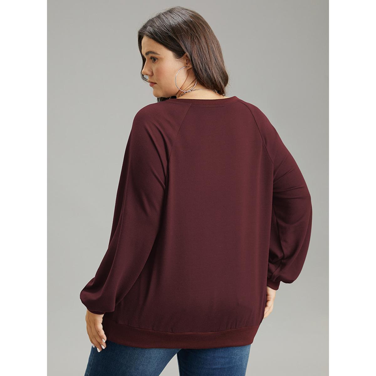 Plus Size Solid Rib Knit Cut Out Raglan Sleeve Sweatshirt Women Burgundy Casual Rib Knit Keyhole Cut-Out Everyday Sweatshirts BloomChic 12/L Product Image