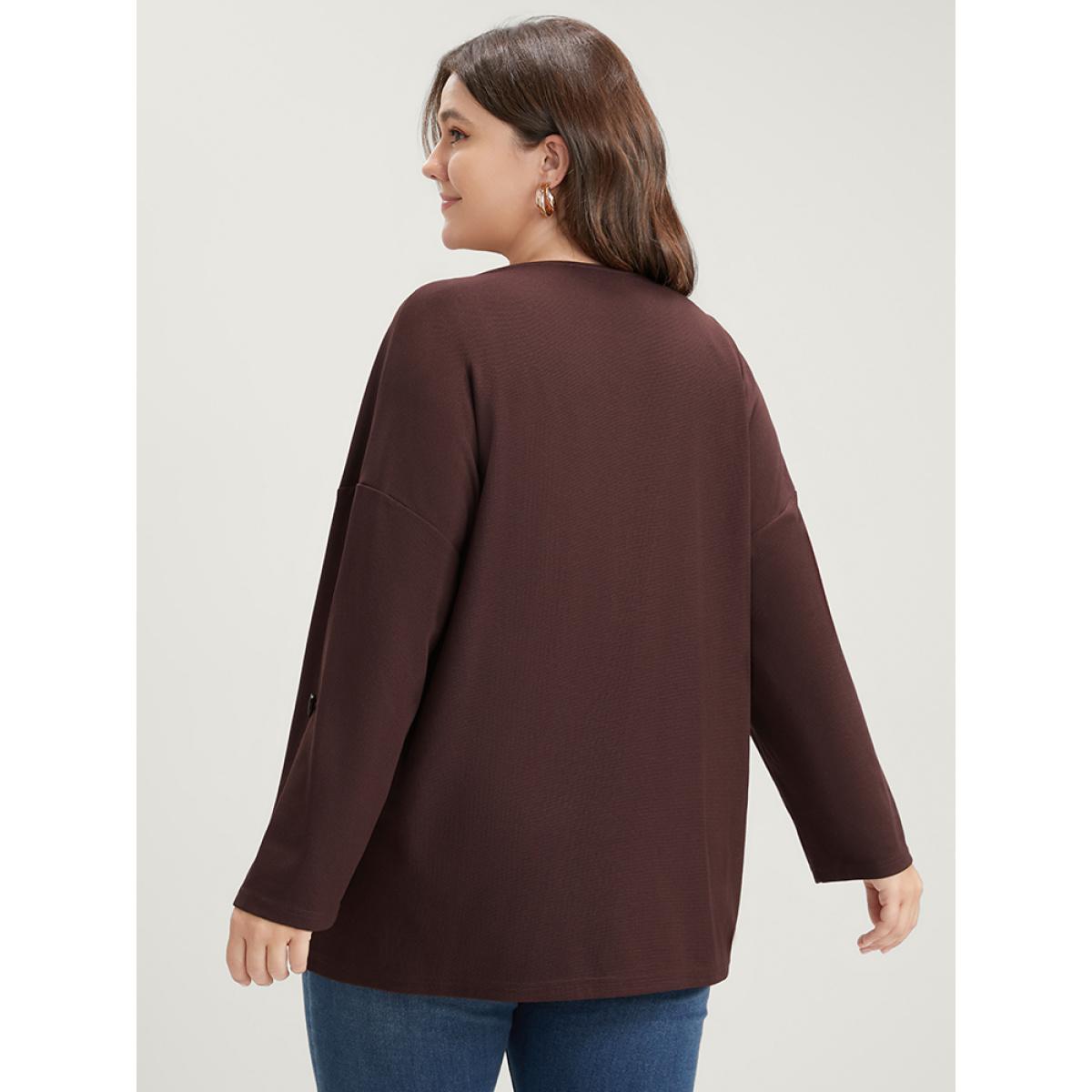 Plus Size Solid Cuffed Sleeve Split Hem Long Tee Burgundy Women Casual Button Plain V-neck Office T-shirts BloomChic 14-16/1X Product Image