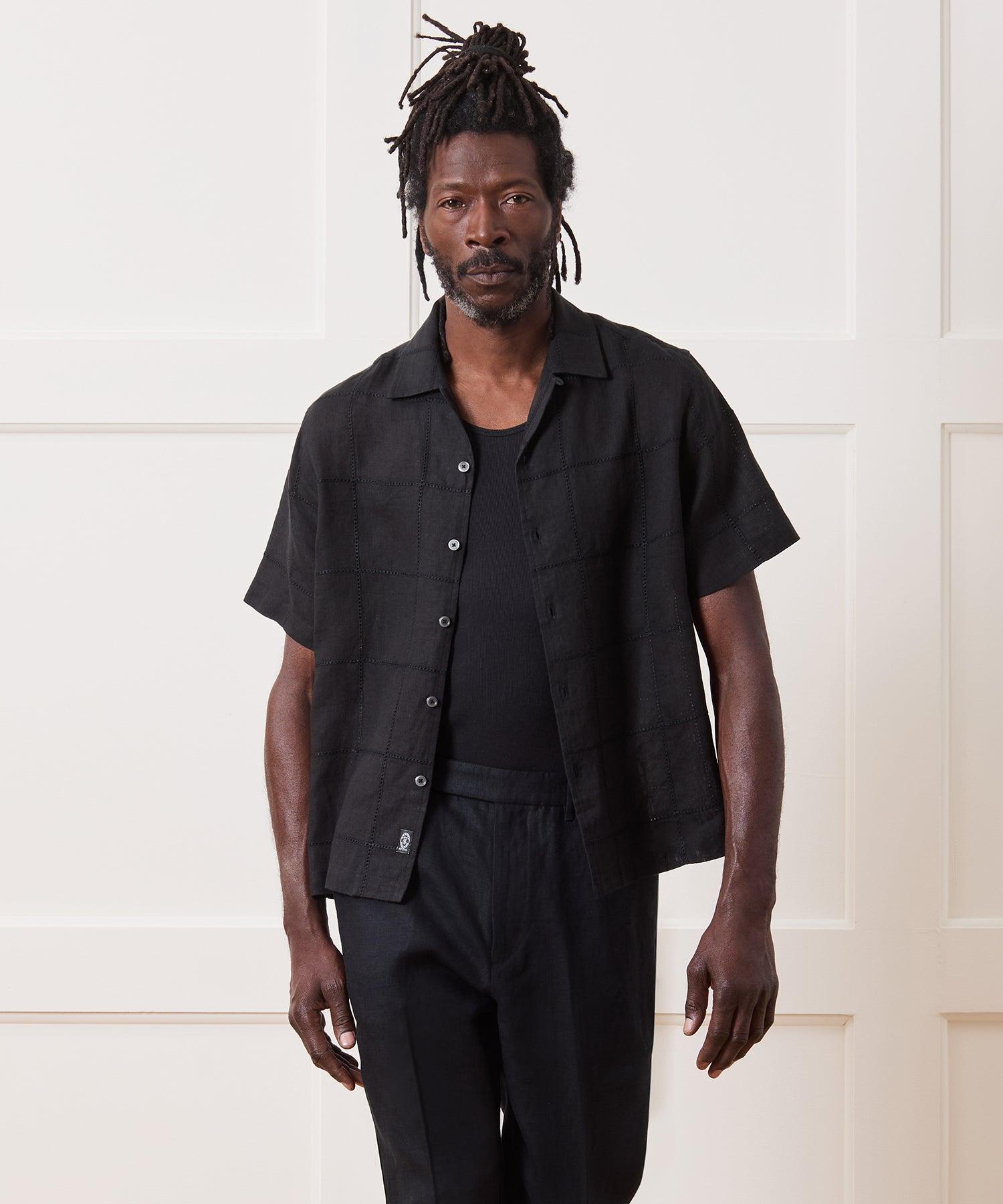 Cropped Embroidered Linen Camp Collar Shirt Product Image