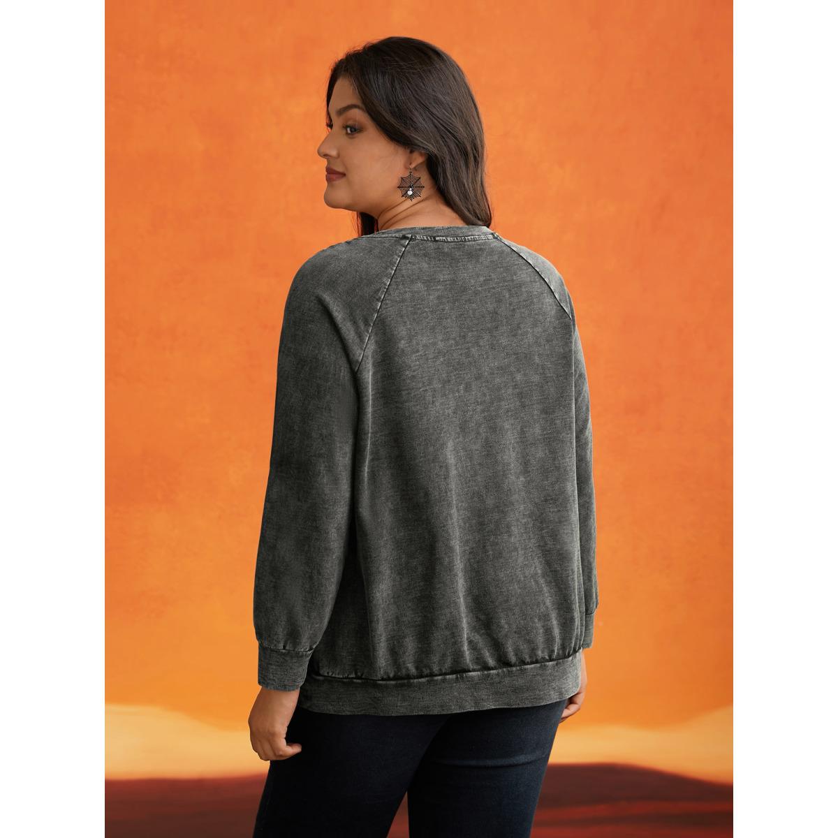 Plus Size Retro Wash Cotton Sweatshirt Women Black Leisure Non Round Neck Casual Sweatshirts BloomChic 28/5X Product Image