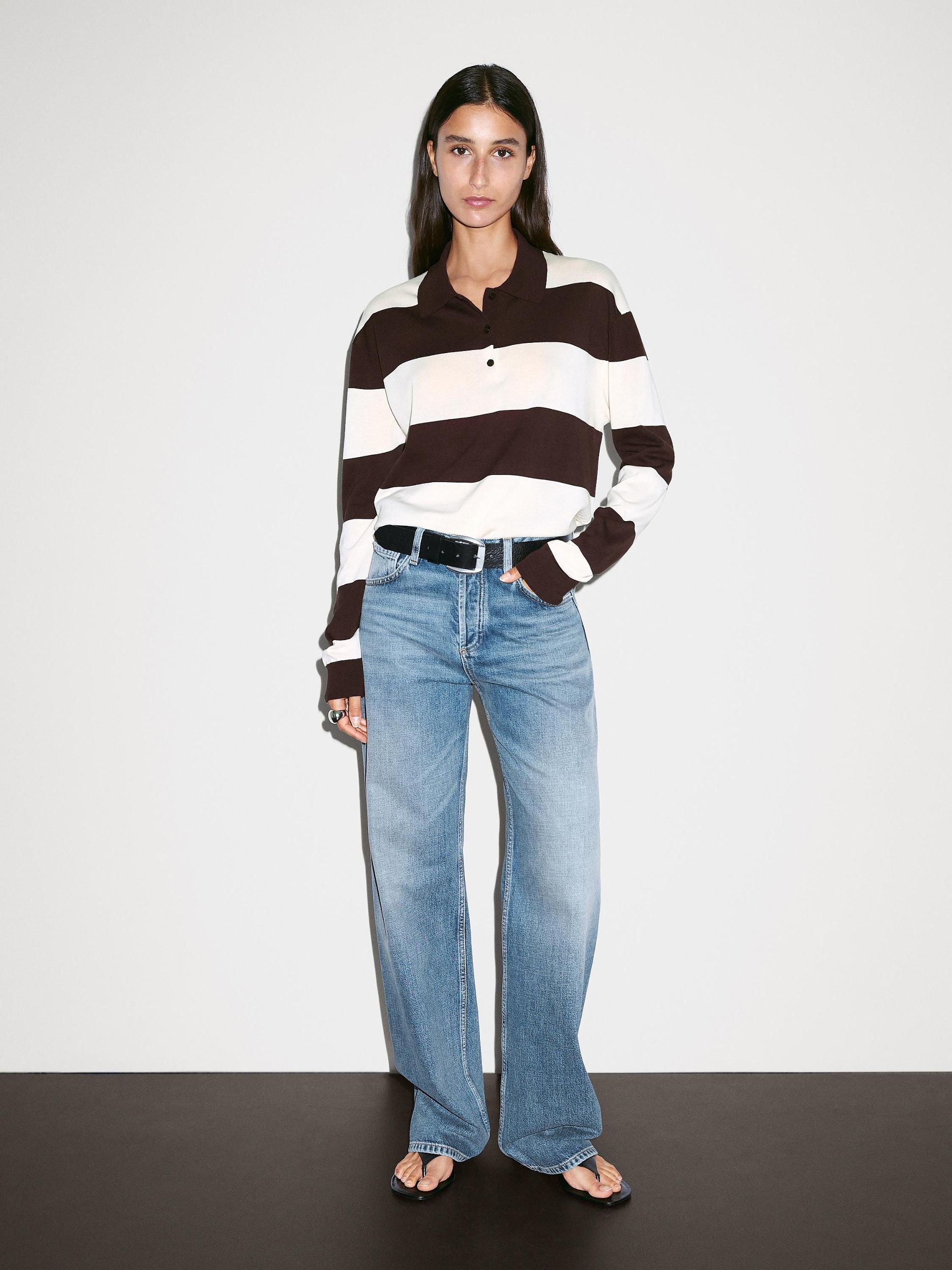 Striped knit sweater with polo collar Product Image