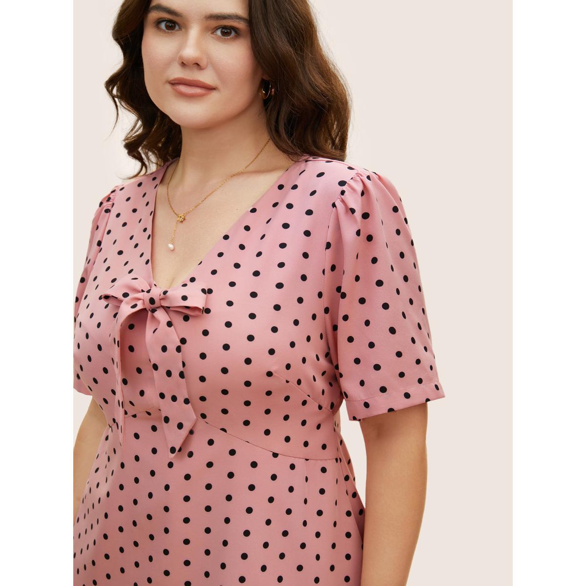 Plus Size Blush Polka Dot Ribbon Tied Collar Blouse Women Casual Short sleeve Ribbon-tied collar Everyday Blouses BloomChic 10/M Product Image