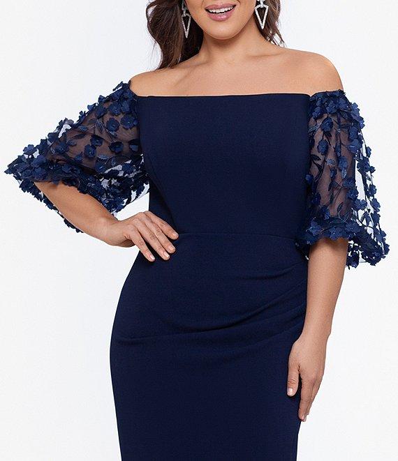 Xscape Plus Size 3D Floral Applique Scuba Crepe Off-the-Shoulder Short Puffed Sleeve Sheath Gown Product Image