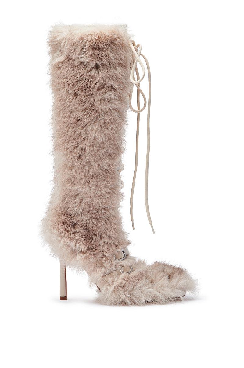 AZALEA WANG LOURDANNE IVORY FUR LACE UP BOOT Product Image