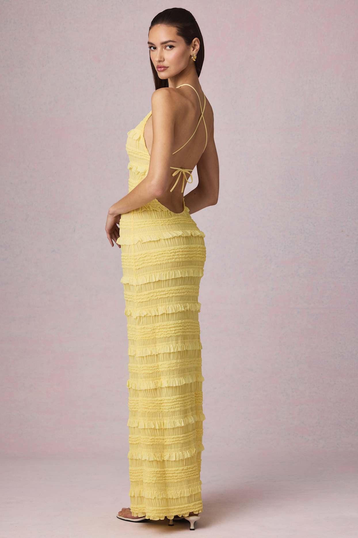 Ruffled Backless Halterneck Maxi Dress in Lemon Yellow Product Image