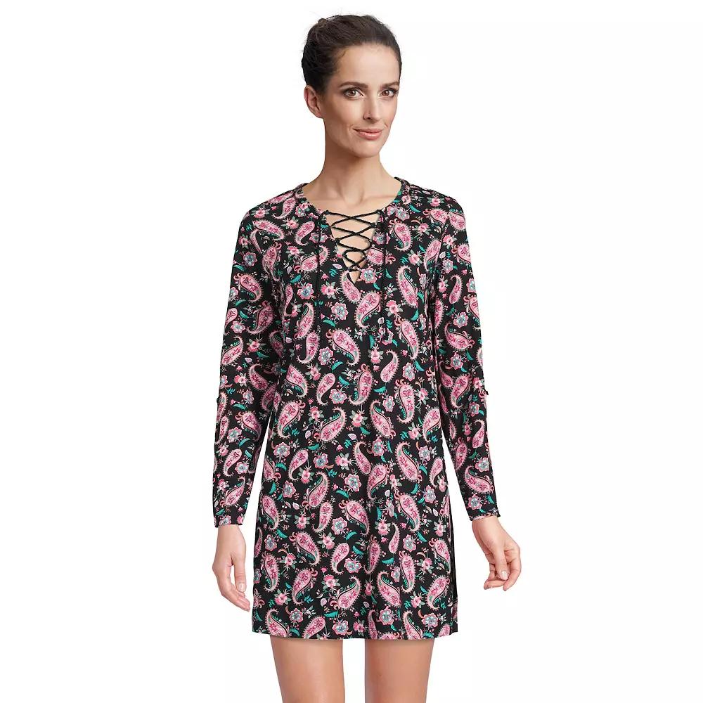 Women's Lands' End V-neck Tunic Swim Cover-Up Shirtdress, Size: Small, Black Paisley Floral Product Image