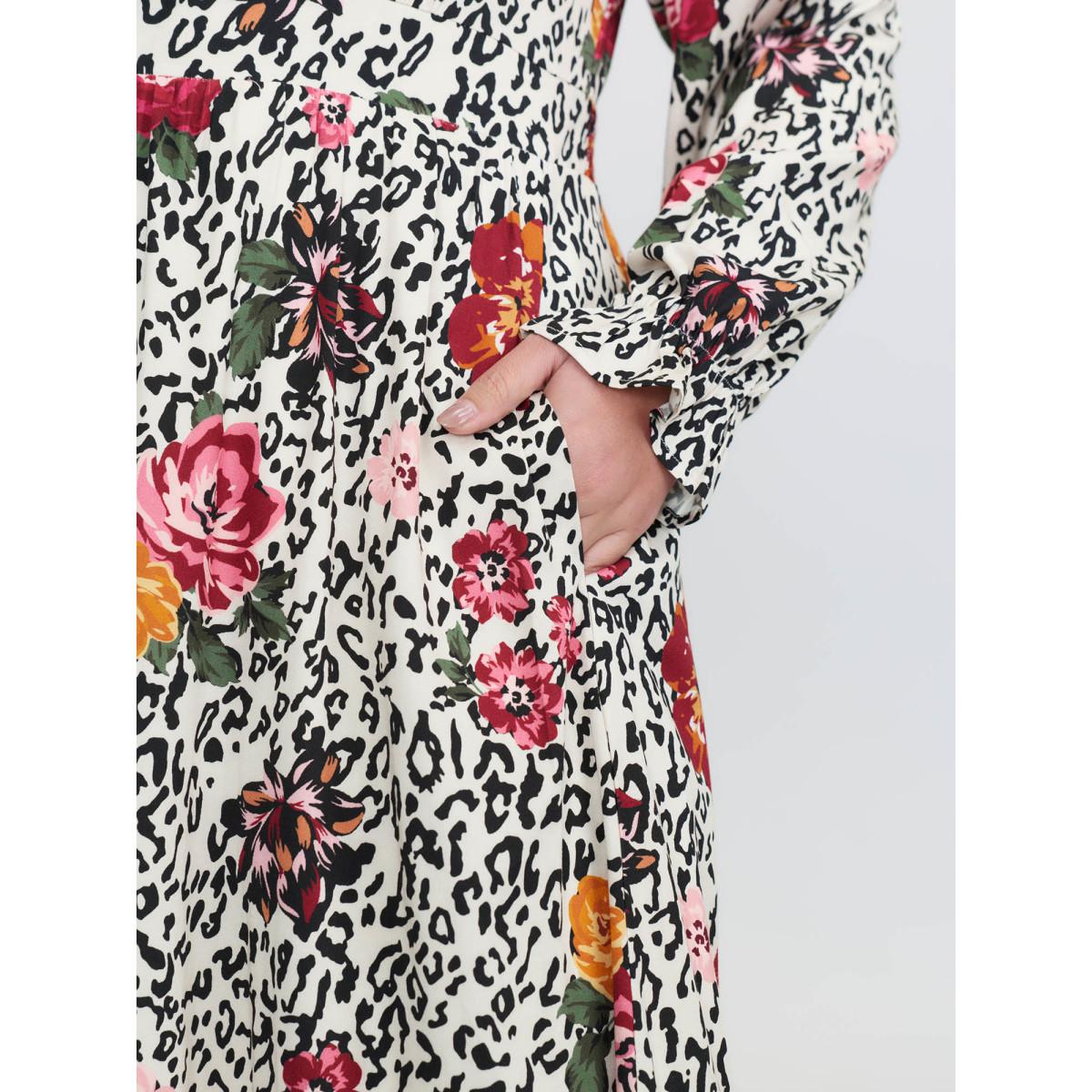 Plus Size Leopard Floral Print Shirred Waist Midi Dress Apricot Women Timeless Tie knot Flat collar with V-notch Long Sleeve Curvy BloomChic 14-16/1X Product Image